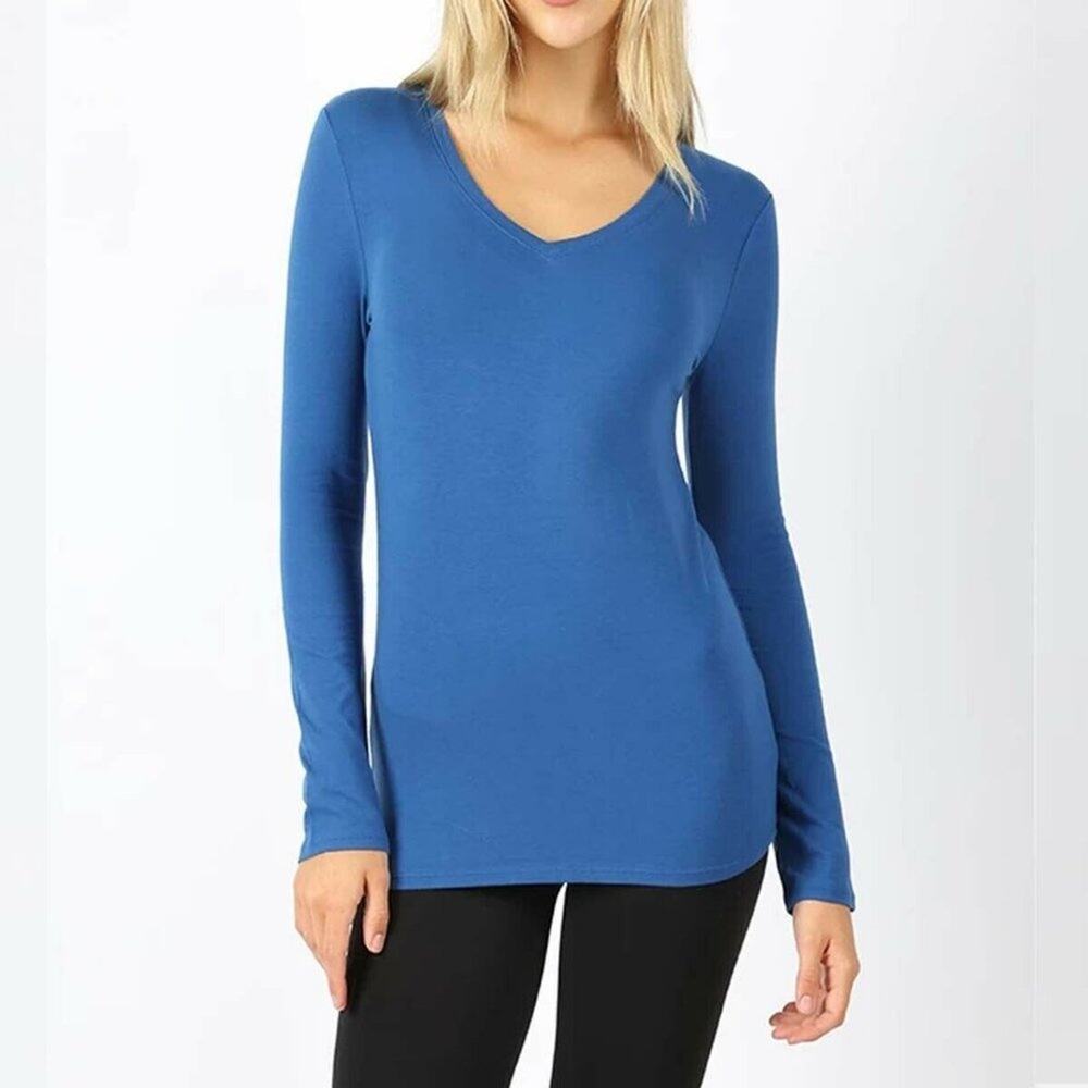 Zenana Long Sleeve Teal Blue Relaxed Fit V-Neck Round Hem Top Small CASUAL layer